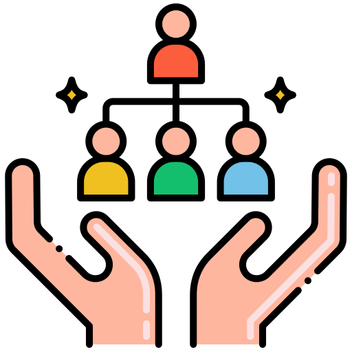 tiny org chart of people above two cupped hands