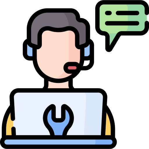 person with headset, laptop, and speech bubble